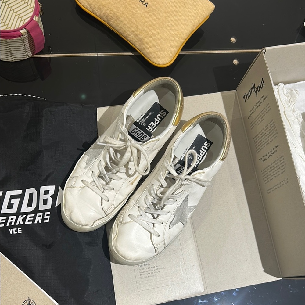 Golden Goose White and Gold Vintage Sneakers